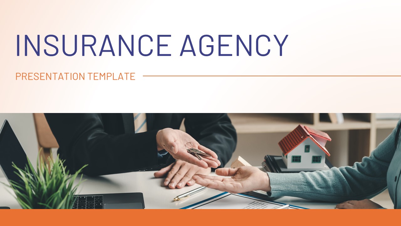 Insurance agency PowerPoint cover slide showing a professional meeting with house keys and a home model on a desk.