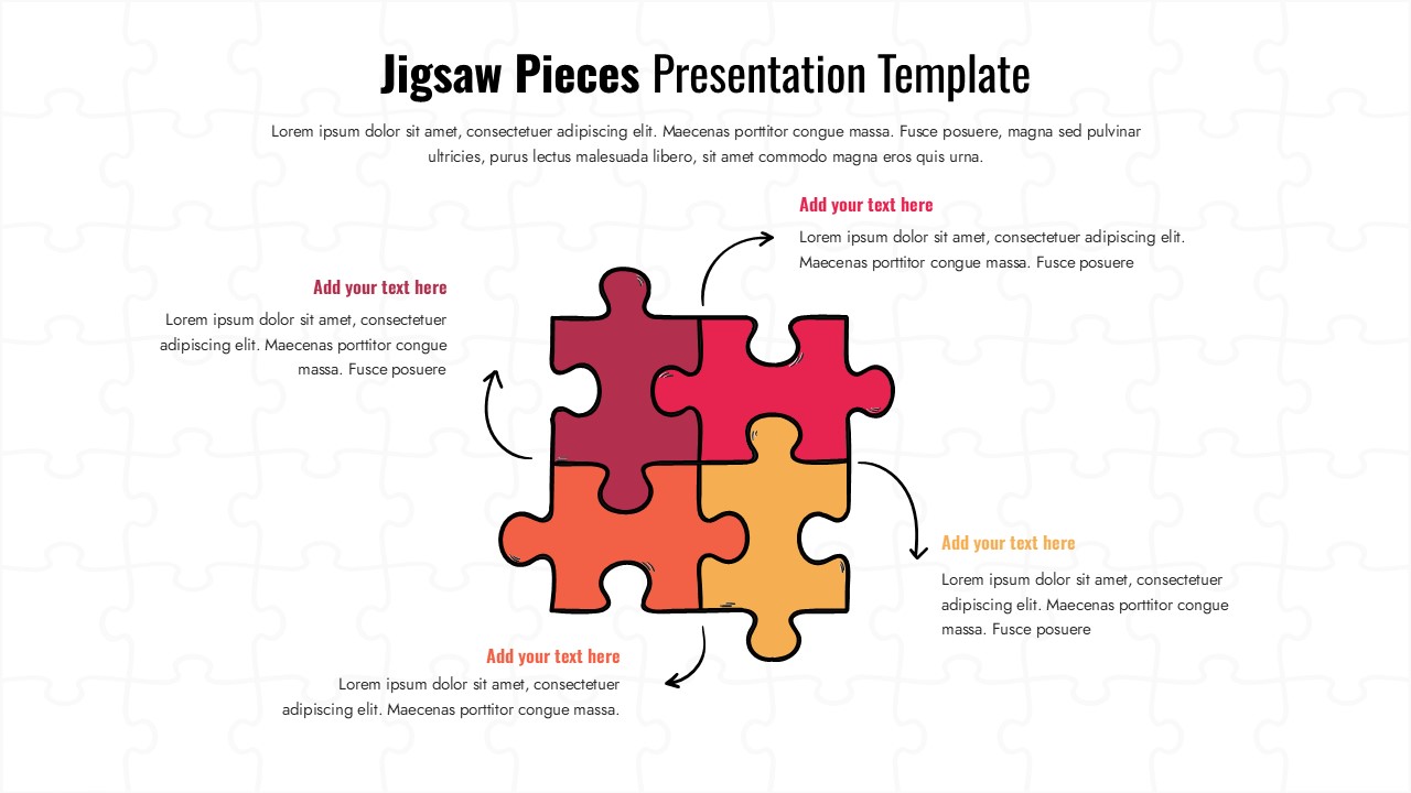 Jigsaw puzzle diagram slide with four interlocking colored pieces and text callouts explaining each component.
