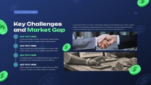 Dark blue investor pitch deck slide highlighting key challenges and market gap, with numbered points, dollar icons, and business handshake and meeting images.