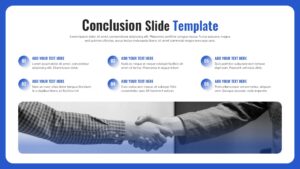 Conclusion slide layout with six numbered summary points, bold headline, and a wide image section at the bottom.