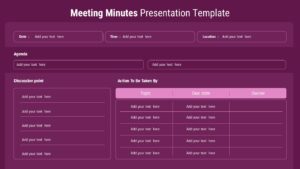 Meeting minutes slide with sections for agenda, discussion points, date, time, location, and an action items table.