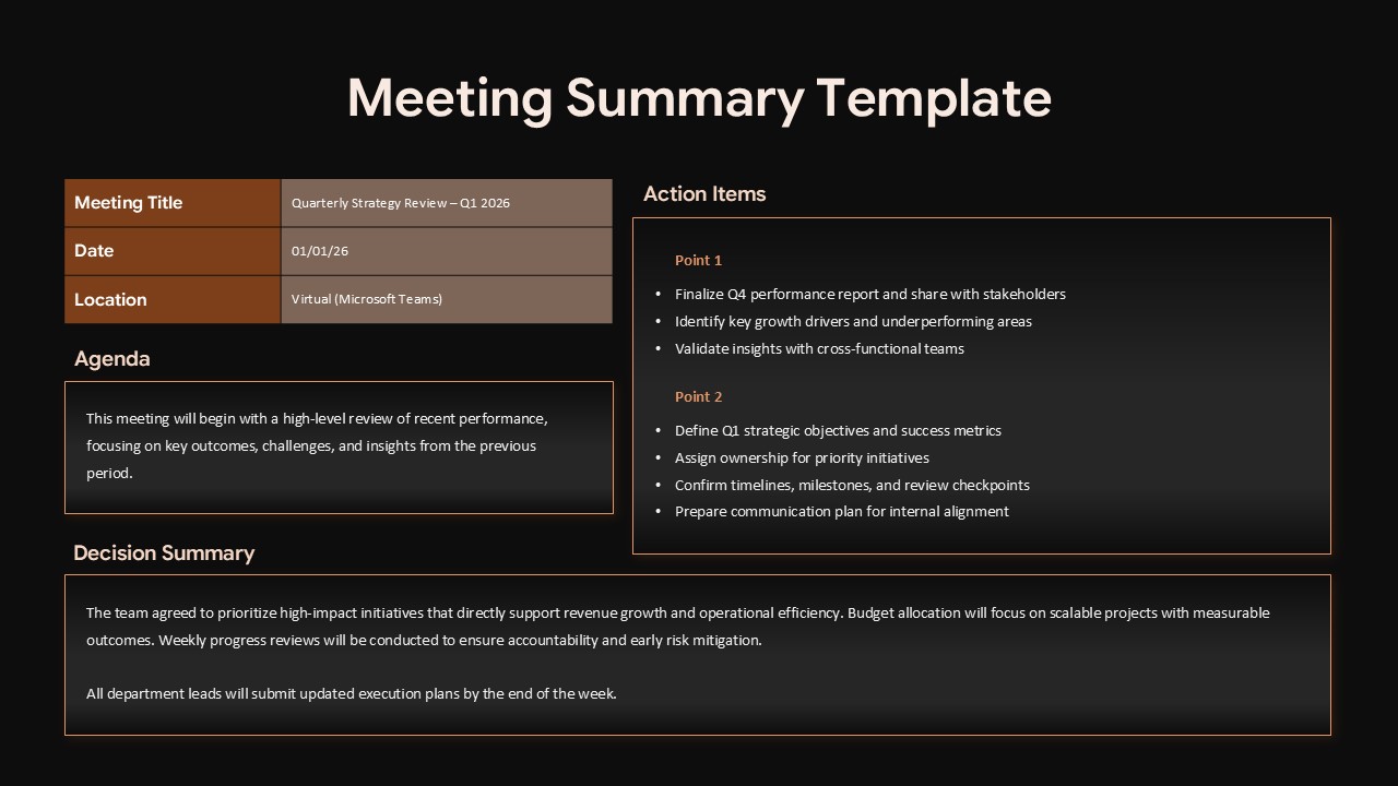 Black Meeting summary slide layout with agenda, action items, decision summary, and meeting details in light and dark themes.