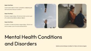Mental health presentation slide featuring content sections and images representing emotional support and common mental health conditions and disorders.