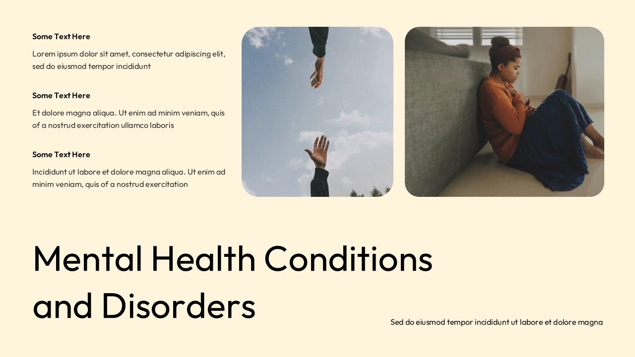Mental health presentation slide featuring content sections and images representing emotional support and common mental health conditions and disorders.
