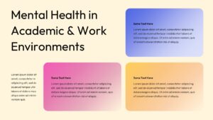 Mental health presentation slide focused on academic and work environments with headline text and three gradient content cards arranged in a clean layout.
