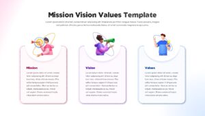 Mission vision values slide with three illustrated cards showing mission, vision, and values in a modern layout.