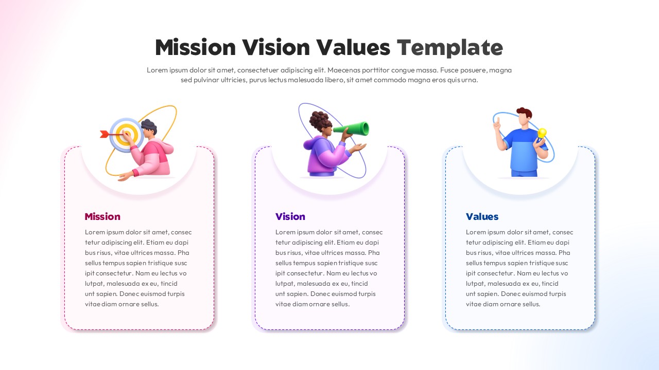 Mission vision values slide with three illustrated cards showing mission, vision, and values in a modern layout.