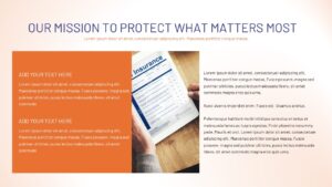 Insurance presentation slide highlighting the mission to protect what matters most, featuring a bold headline, orange content blocks, an insurance document on a tablet, and a clean professional layout.