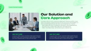 Light green investor pitch deck slide presenting solution and core approach, featuring a team meeting image, bullet points, content cards, and financial dollar icons.