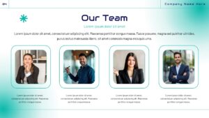 Our team slide with four professional team member photos, teal accents, rounded frames, and clean modern layout for company introduction.