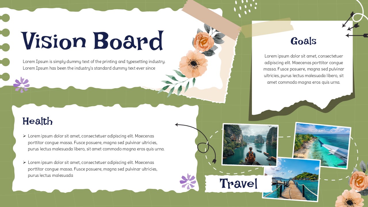 Vision board slide with collage layout, goals section, health notes, travel photos, floral decorations, and torn paper design.