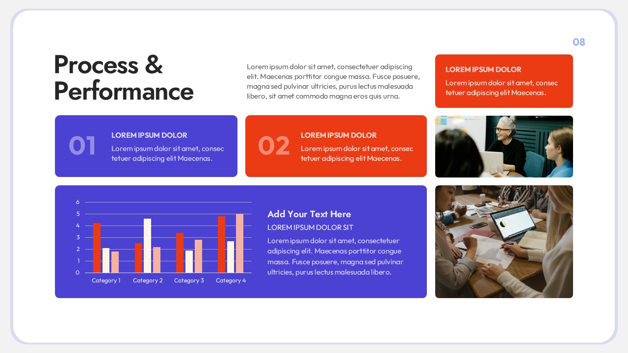 Startup Pitch Deck Cover Presentation slide focused on process and performance, featuring step-by-step process cards, performance metrics bar chart, team collaboration images, and a modern layout with blue and orange content blocks.