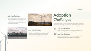 Renewable Energy adoption challenges slide with power grid imagery, numbered challenge list, text sections, and a clean green professional layout.