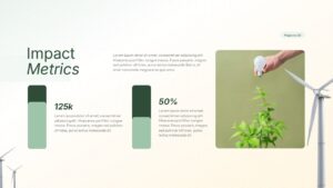 Renewable Energy impact metrics slide with vertical KPI bars, percentage indicators, sustainability imagery, and a clean green professional layout.