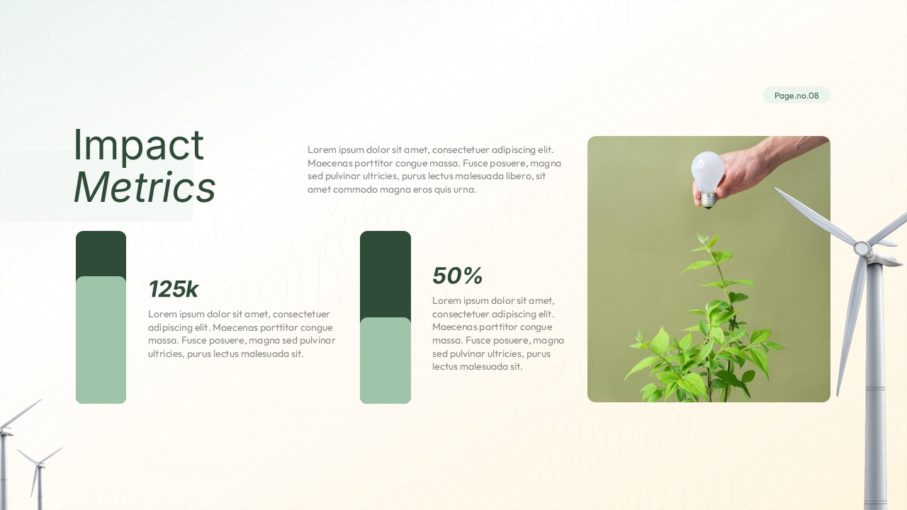 Renewable Energy impact metrics slide with vertical KPI bars, percentage indicators, sustainability imagery, and a clean green professional layout.