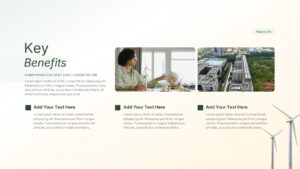 Renewable Energy key benefits slide featuring three image cards, short text blocks, and a clean green professional layout with wind energy visuals.