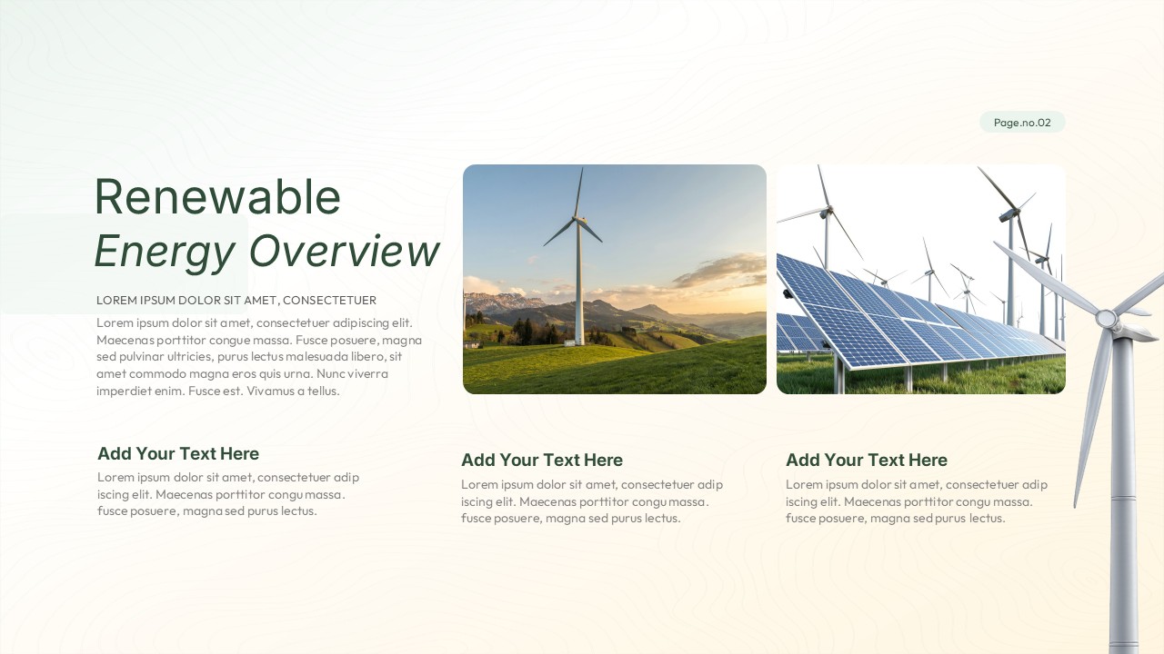 Renewable Energy overview slide showing wind turbines and solar panels with text sections and a clean, green professional layout.