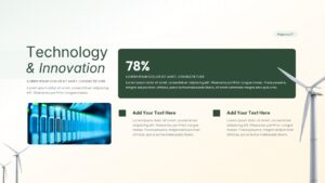 Renewable Energy technology and innovation slide showing data infrastructure visuals, KPI highlight, text blocks, and a clean green professional layout.