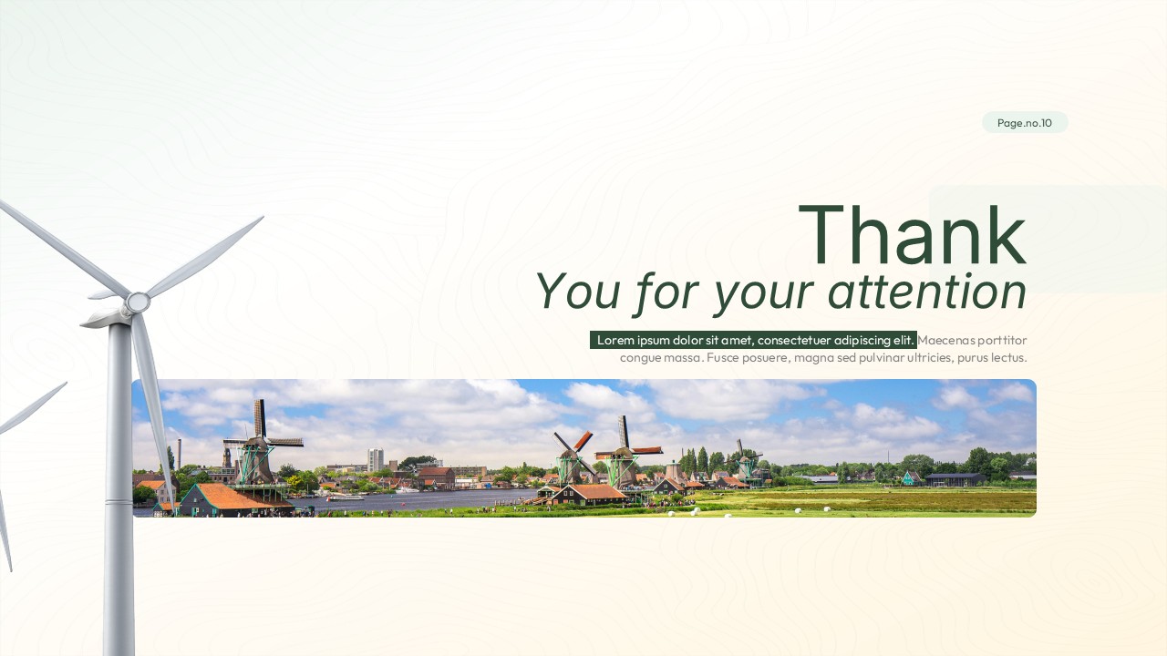 Image Alt Text: Renewable Energy thank you slide with wind turbine visual, panoramic landscape image, closing message text, and clean green professional layout.