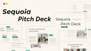 Sequoia pitch deck slide layout with clean typography, product overview, funding ask, and team introduction sections.