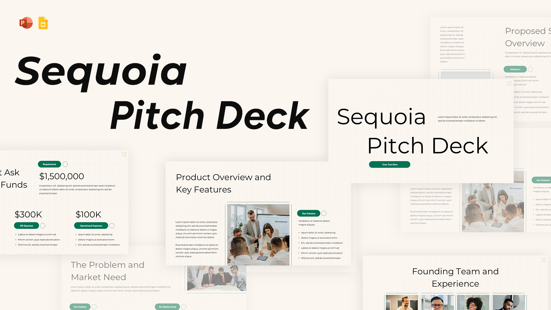 Sequoia pitch deck slide layout with clean typography, product overview, funding ask, and team introduction sections.