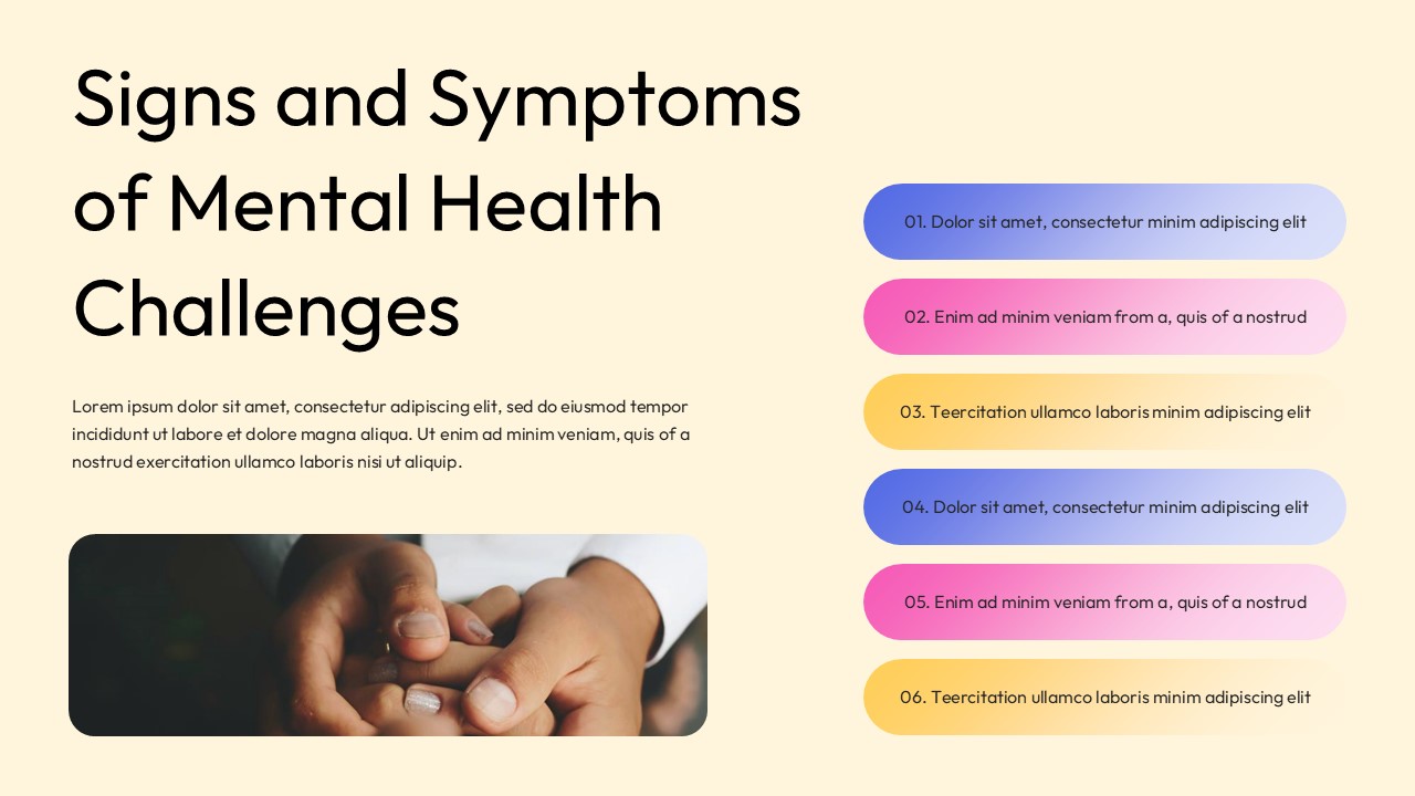Mental health presentation slide featuring content sections and images representing emotional support and common mental health conditions and disorders.