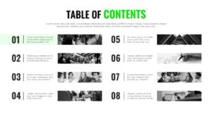Table of contents PowerPoint slide with eight numbered sections arranged in a clean two-column layout with image placeholders.