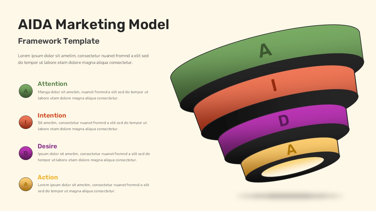 AIDA marketing funnel PowerPoint slide with four colored stages labeled attention, interest, desire, and action in a 3D diagram layout.