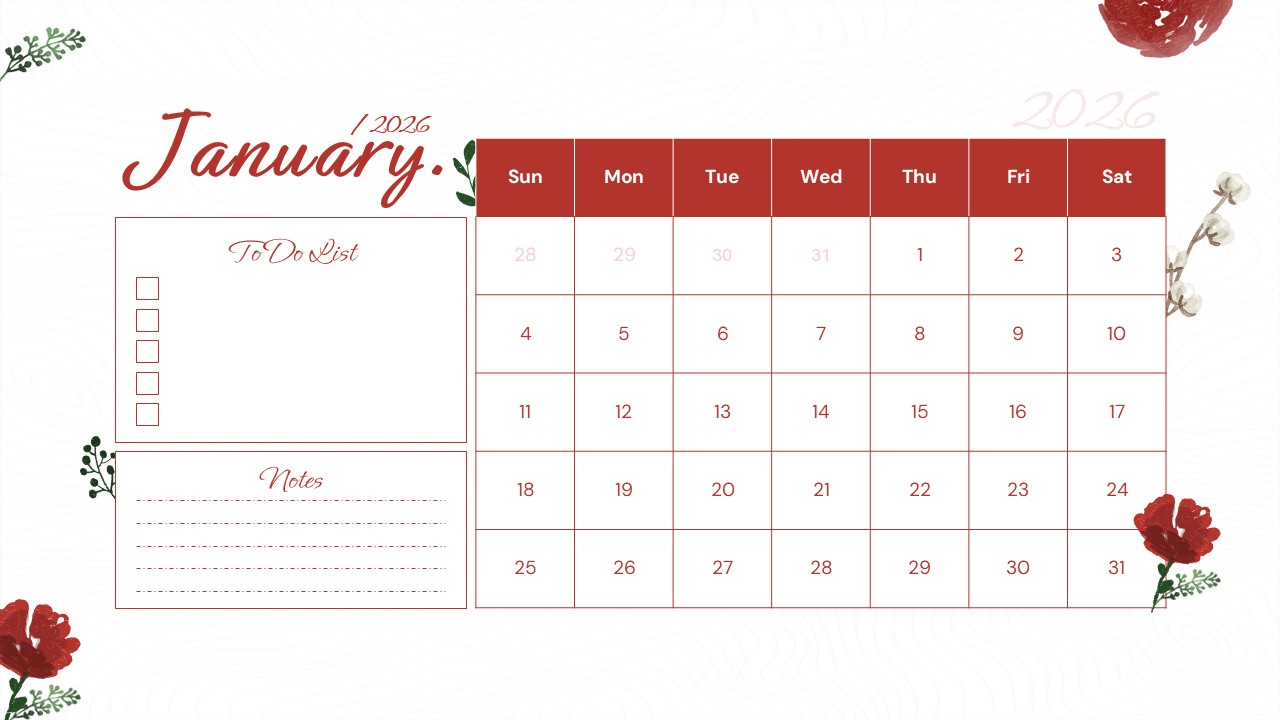 January 2026 monthly calendar slide with floral accents, full date grid, to-do list, and notes section layout.
