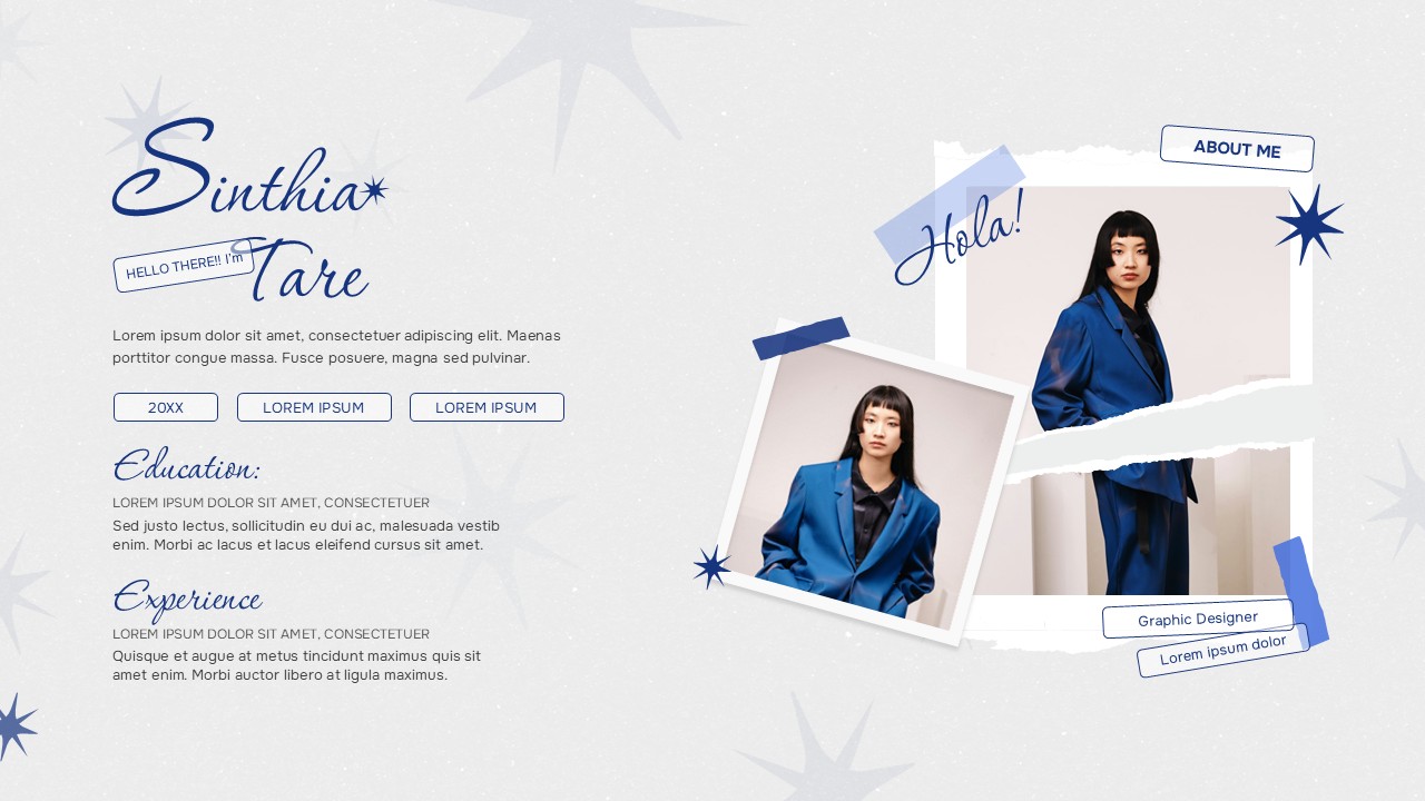 Personal portfolio about me slide with creative typography, photo collage frames, bio text, and education and experience sections.