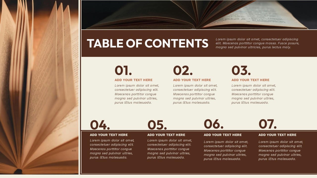 Table of contents slide with seven numbered sections, book-inspired imagery, bold header bar, and structured text blocks.
