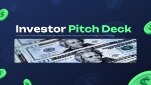 Investor pitch deck cover slide with bold headline, dark blue background, dollar imagery, and finance-themed visual layout.