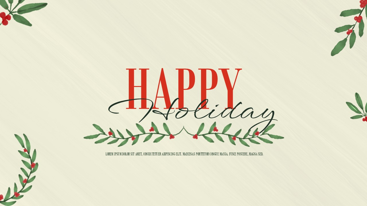 Holiday greeting slide with botanical foliage, red berries, elegant typography, and centered festive message layout.