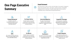One page executive summary slide with grid layout, icons, and multiple business sections arranged in a clean, professional design.