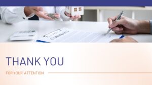 Thank you PowerPoint slide showing an insurance contract being signed with house keys and a home model, presented in a clean professional closing layout.