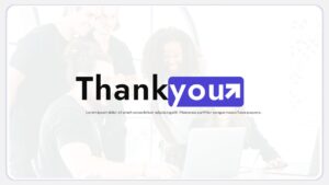 Startup pitch thank you slide with bold closing message, upward arrow icon, and soft team background image in a clean modern layout.
