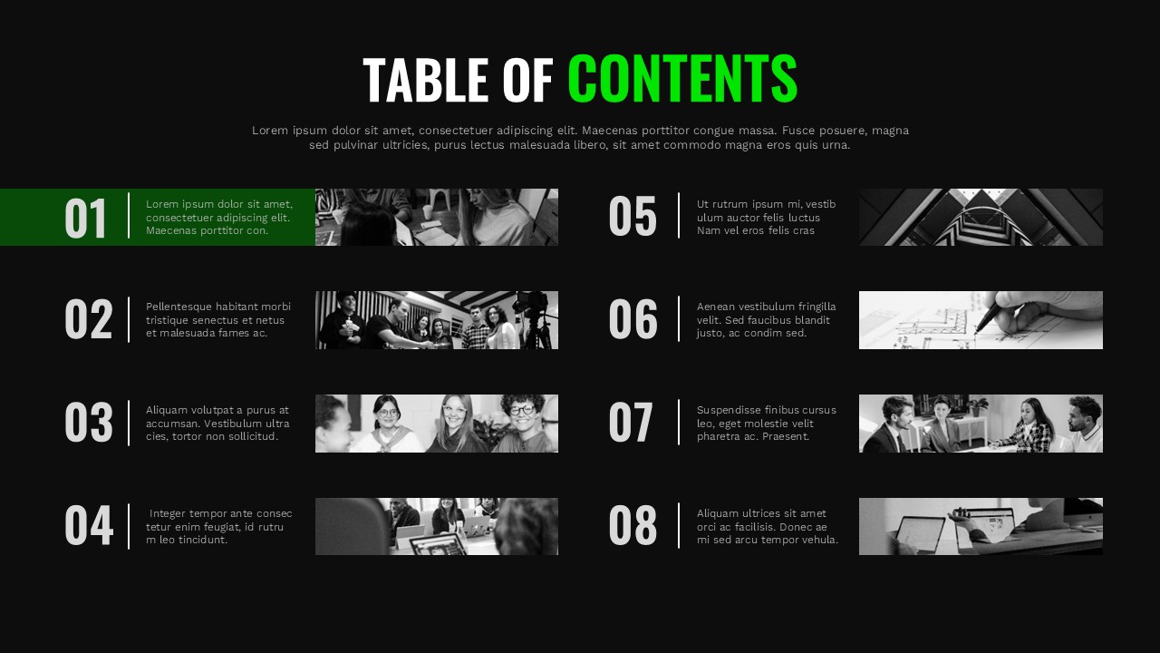 Black Table of contents PowerPoint slide with eight numbered sections arranged in a clean two-column layout with image placeholders.