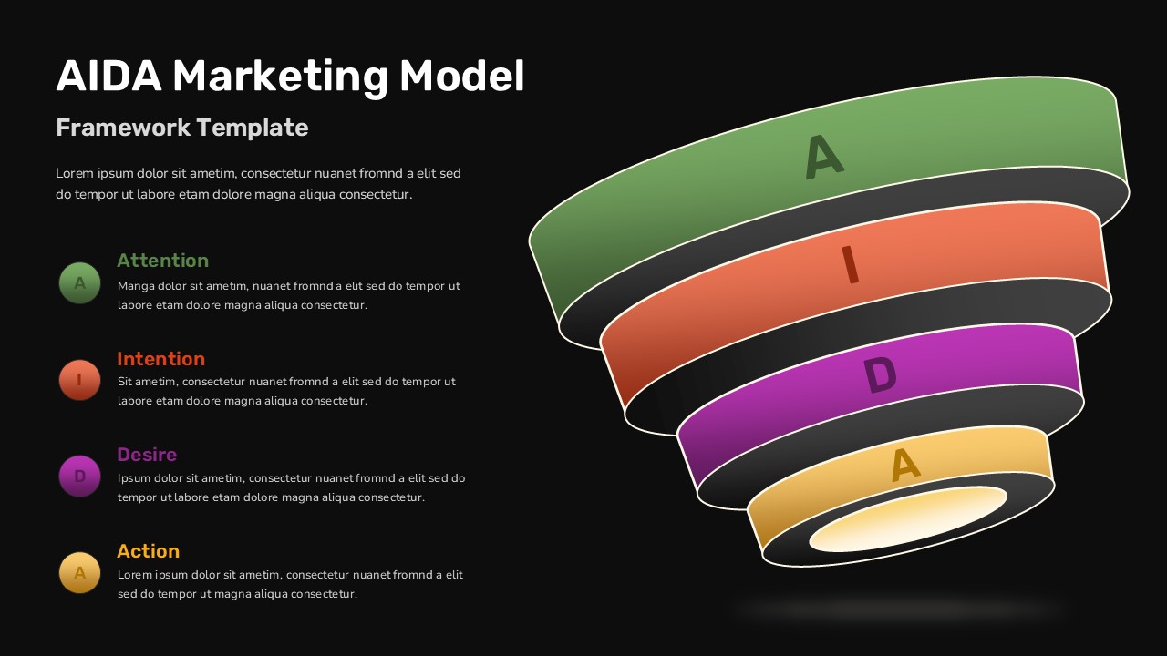 Black AIDA marketing funnel PowerPoint slide with four colored stages labeled attention, interest, desire, and action in a 3D diagram layout.