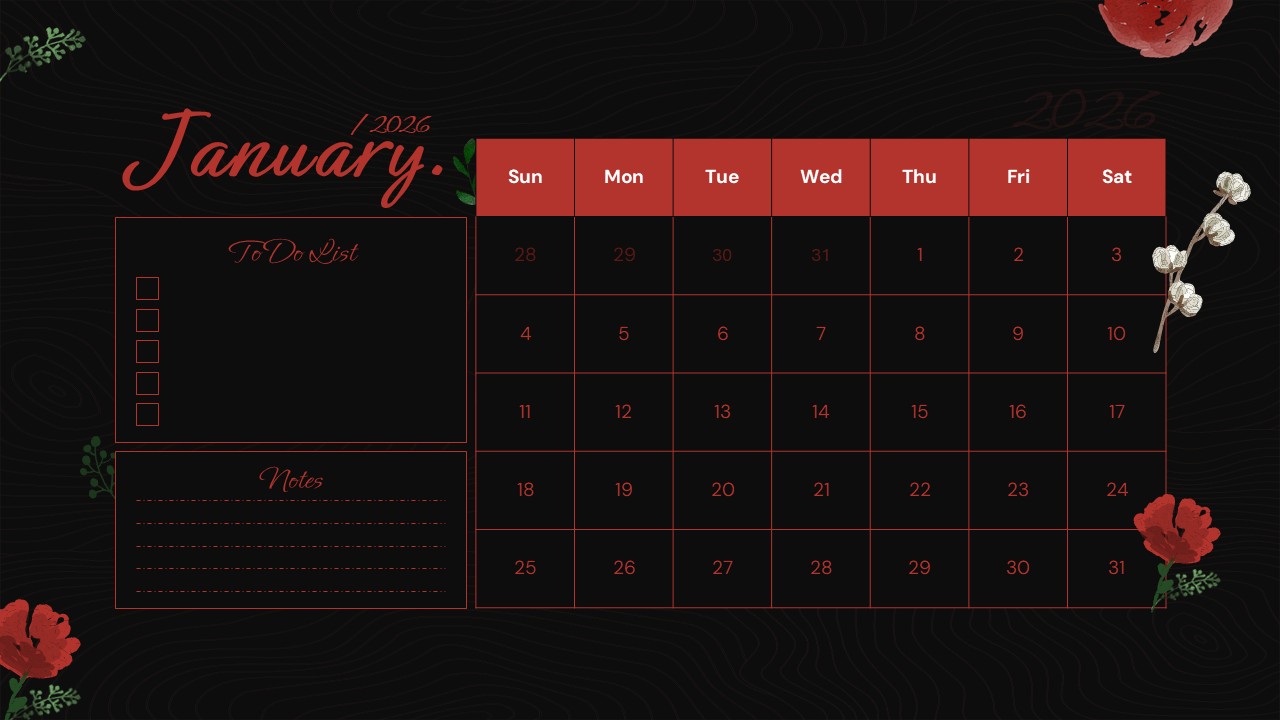 Black January 2026 monthly calendar slide with floral accents, full date grid, to-do list, and notes section layout.