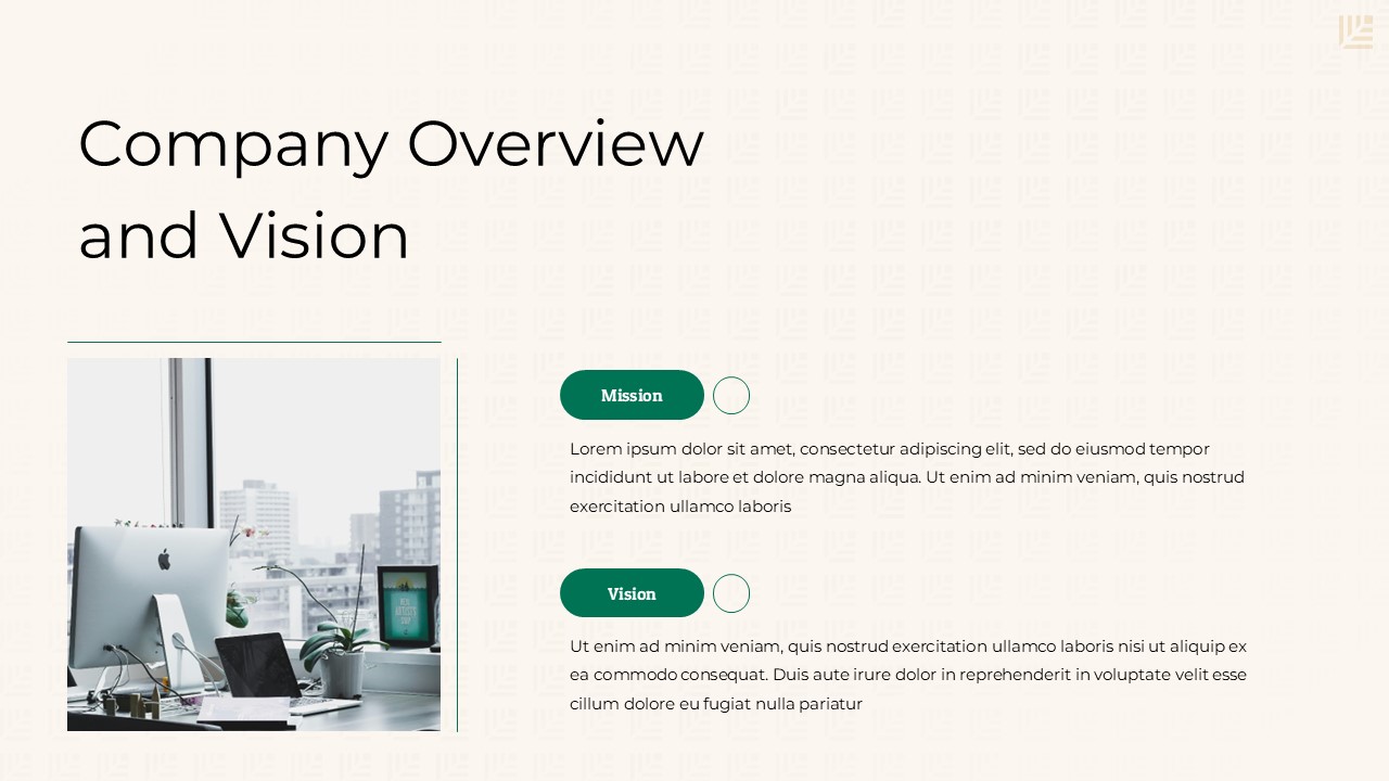 Company overview and vision slide with workspace photo, mission and vision sections, clean layout, and minimalist business design.
