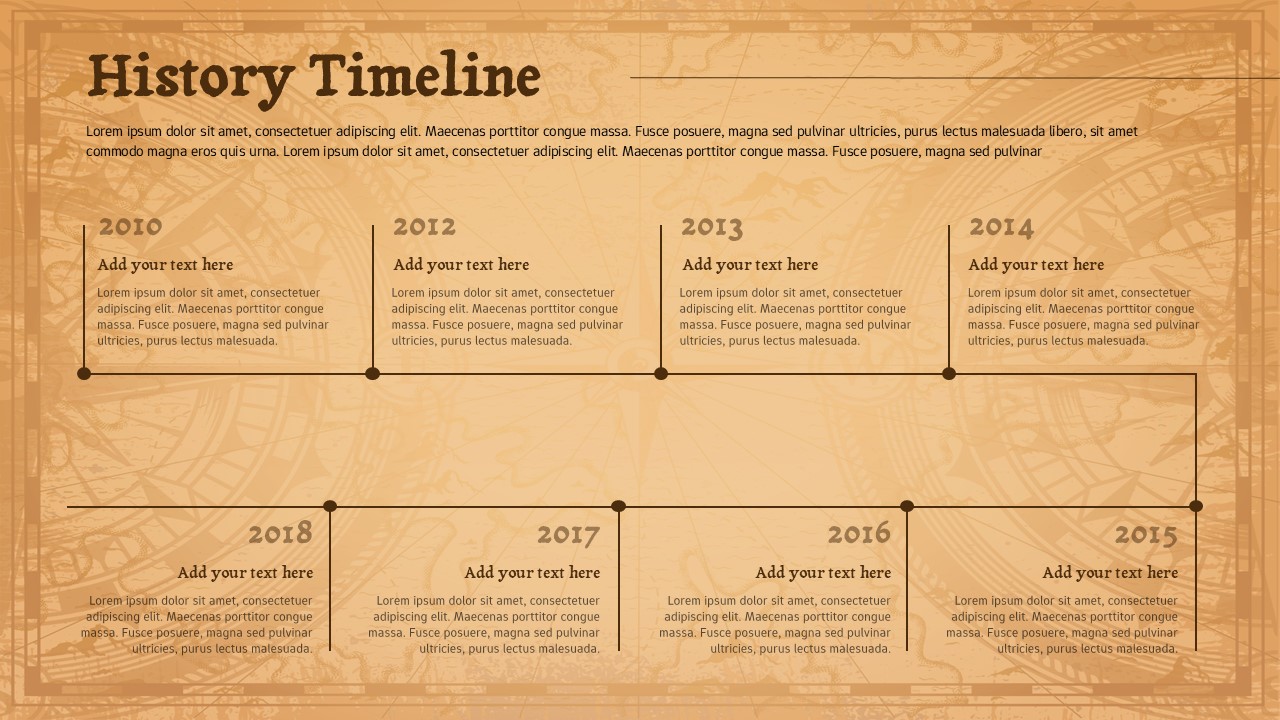 Vintage history timeline slide with horizontal milestones, dated events, connecting lines, and classic textured background.