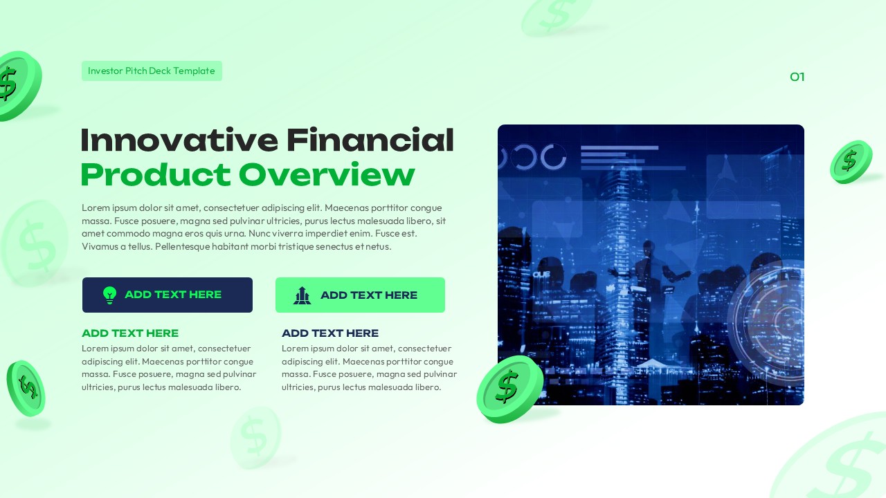 Financial product overview slide with green and blue color scheme, headline text on the left, feature callouts, and city finance visual on the right.