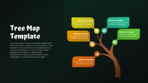 black Tree map diagram slide with a branching tree layout and multiple colored text boxes for structured data presentation.