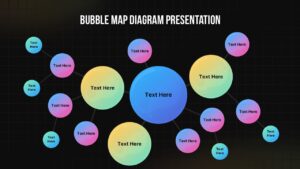 Black Bubble map diagram slide with a central large circle connected to multiple colorful gradient bubbles on a clean grid background.