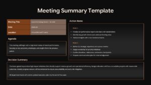 Black Meeting summary slide layout with agenda, action items, decision summary, and meeting details in light and dark themes.