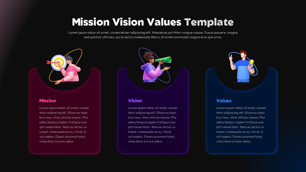 Mission vision values slide with three illustrated cards showing mission, vision, and values in a modern layout black