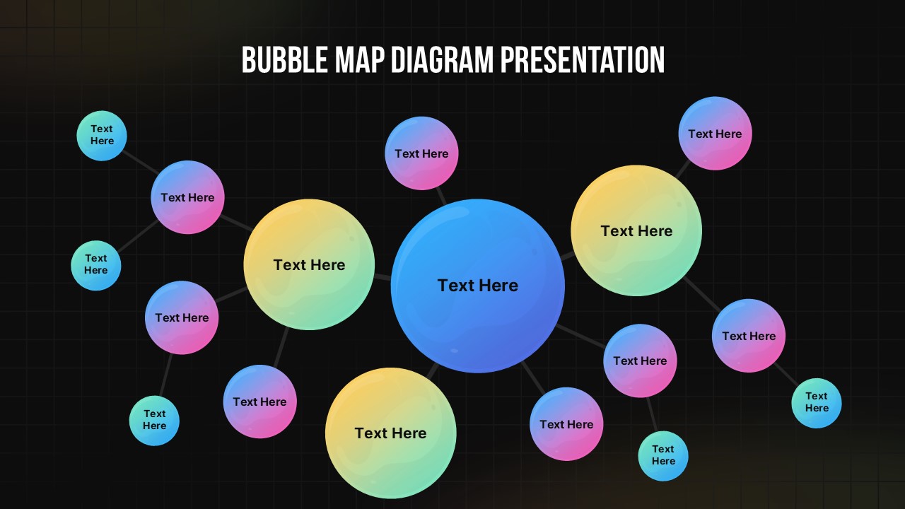 Dark-themed bubble map slide with colorful connected circles, central main node, multiple linked subtopics, grid background, and editable text placeholders.