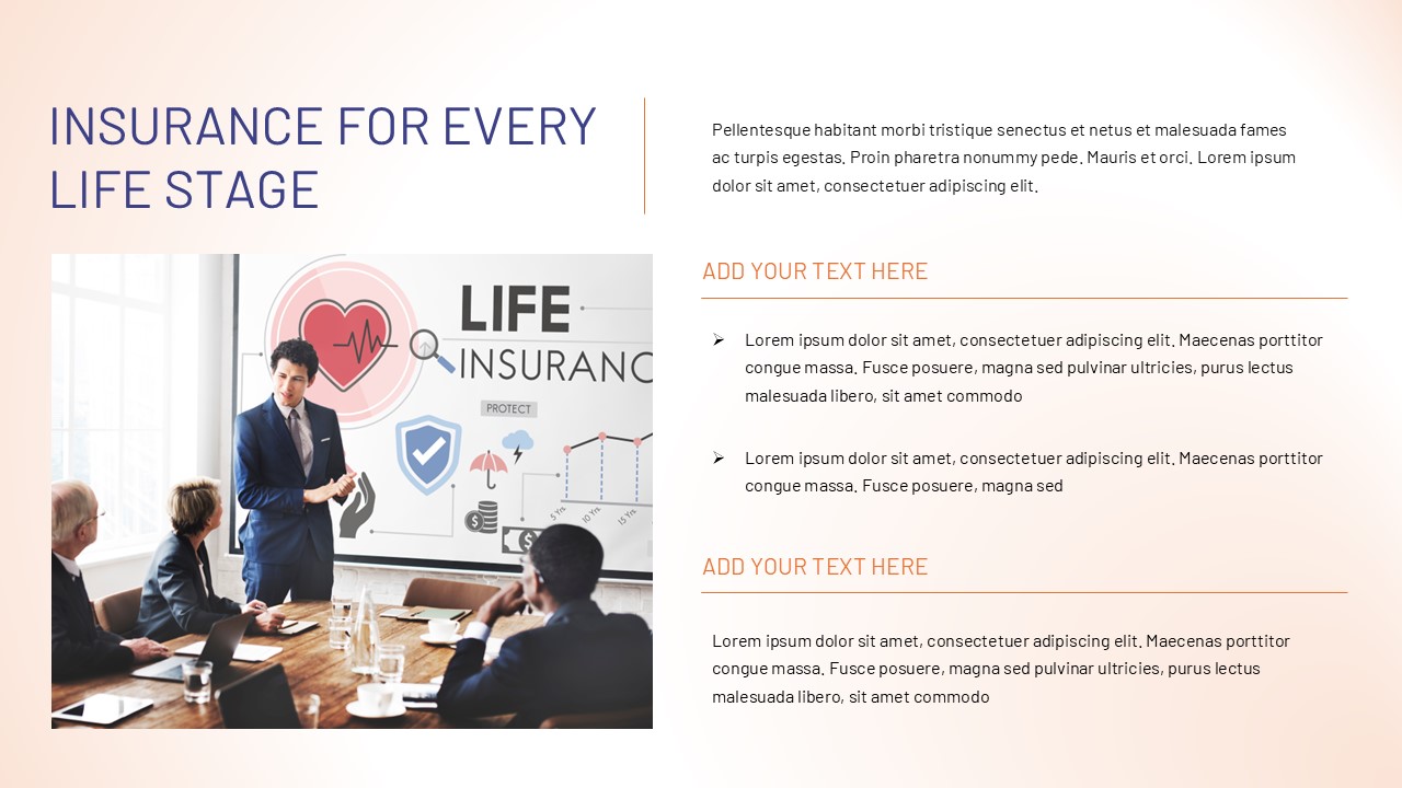 Insurance presentation slide showing a business meeting with a presenter explaining life insurance concepts using charts and icons, alongside structured text sections.