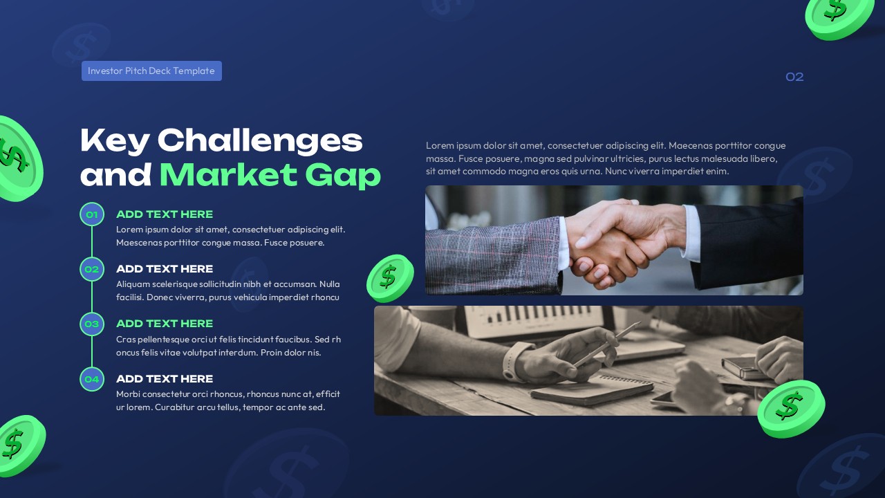 Investor pitch deck slide showing key challenges and market gap with numbered list on the left, handshake and meeting images on the right, and dark blue finance-themed background.
