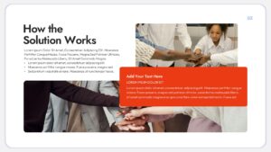 Startup pitch slide explaining how the solution works, featuring teamwork imagery, a bold headline, bullet points, and a highlighted content box in a modern layout.